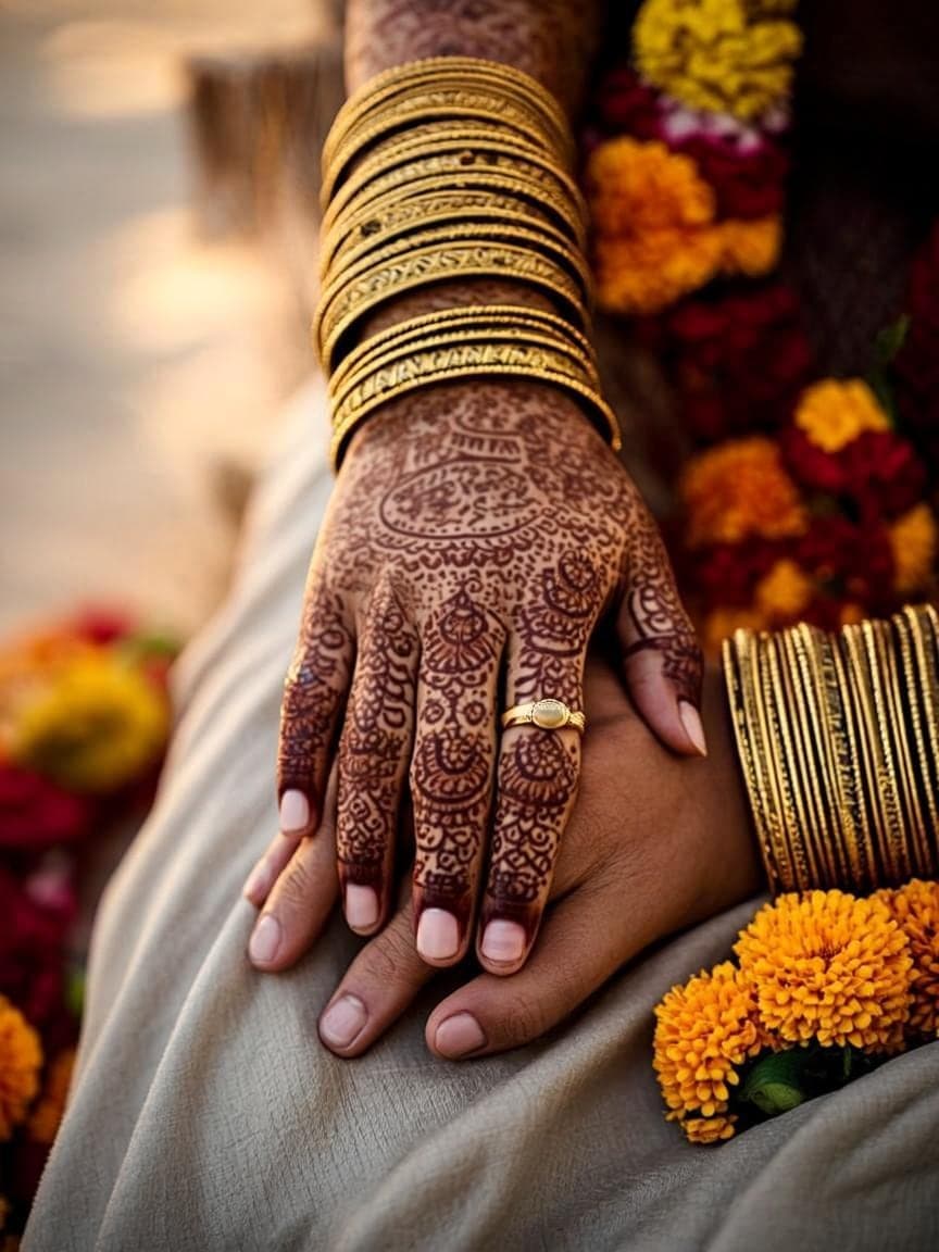 The couple’s hands with henna, gold rings and marigold petals