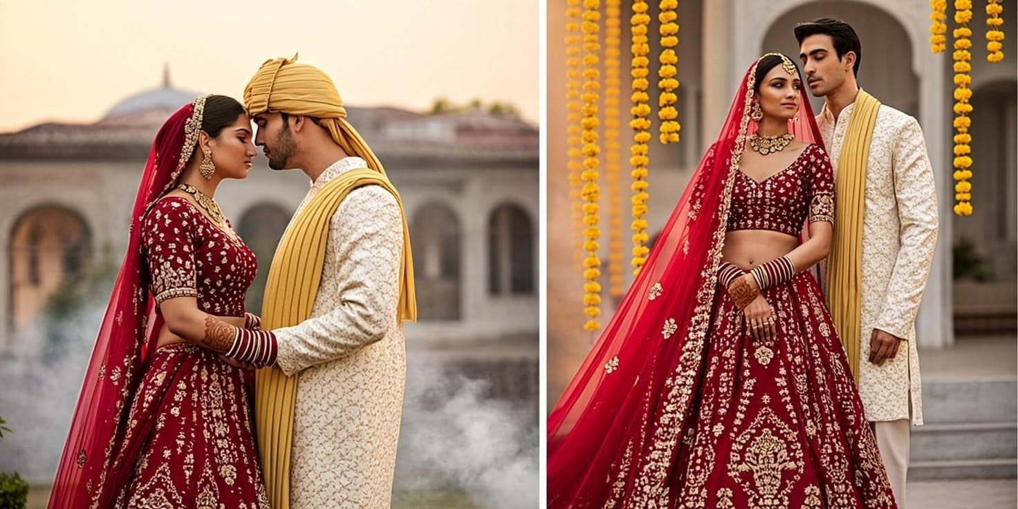 Aarav and Ananya in a sunlit palace courtyard in Udaipur