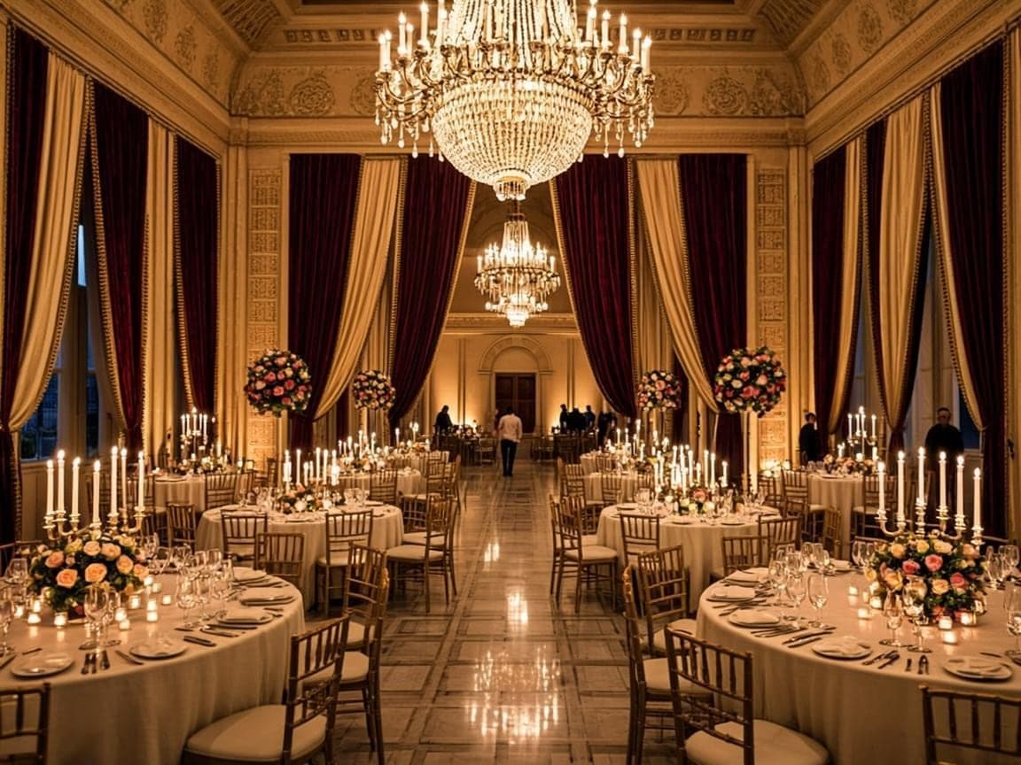 Royal palace ballroom with chandeliers and burgundy drapery