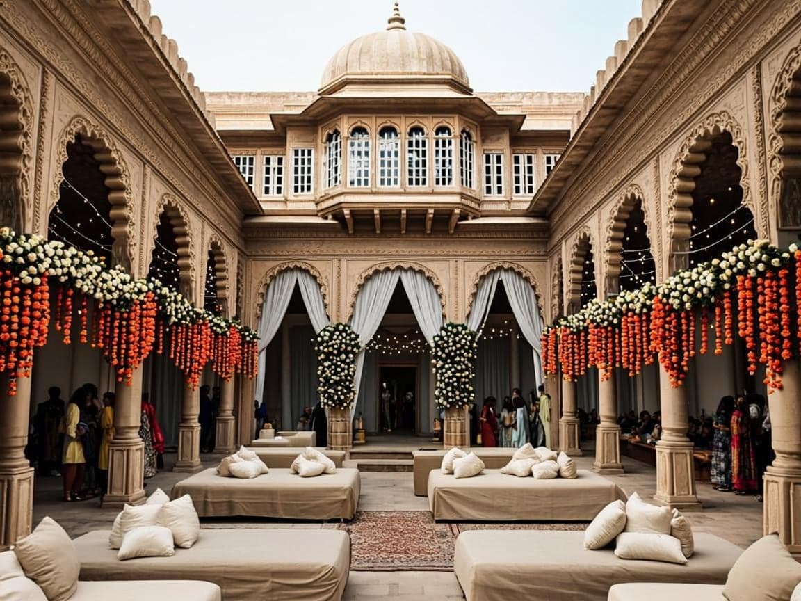 Garden courtyard decorated with marigold garlands and cream drapes