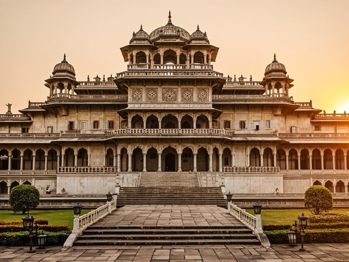 Grand Rajasthani palace facade glowing at sunset